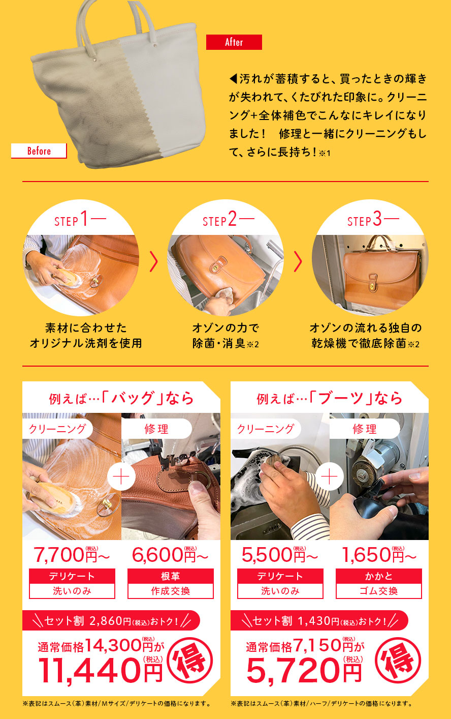 汚れが蓄積すると、買ったときの輝きが失われて、くたびれた印象に。クリーニング+全体補色でこんなにキレイになりました！　修理と一緒にクリーニングもして、さらに長持ち！